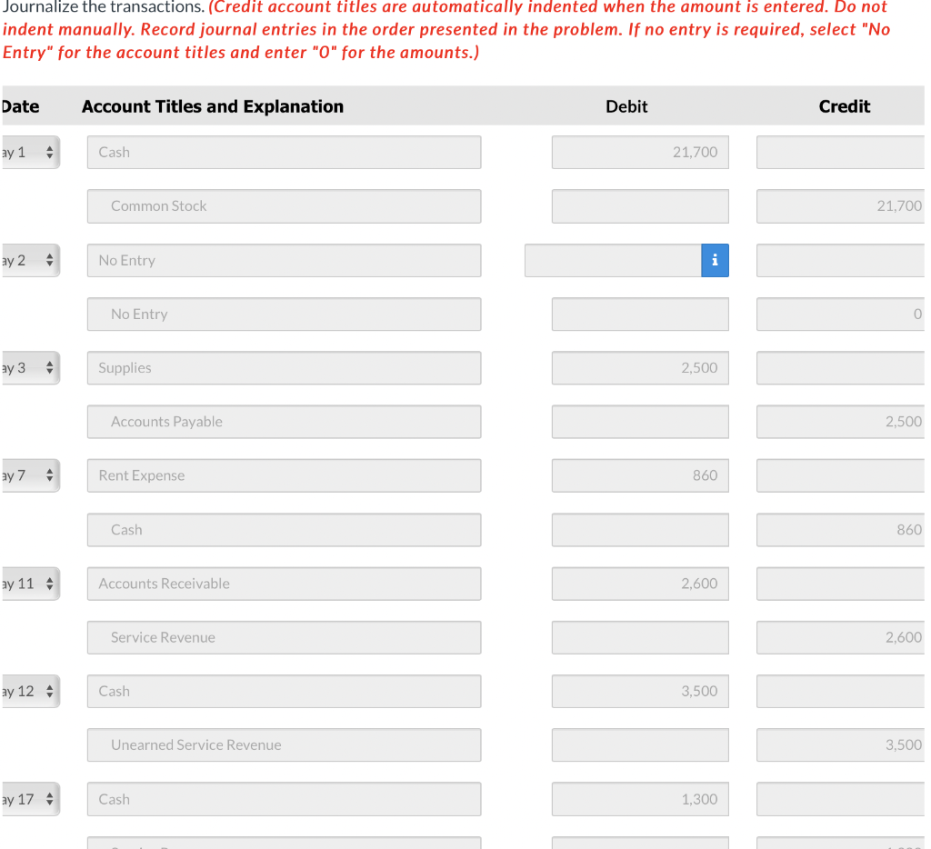 Journalize The Transactions Credit Account Titles Are Automatically Indented When The Amount Is Entered Do Not Indent 1