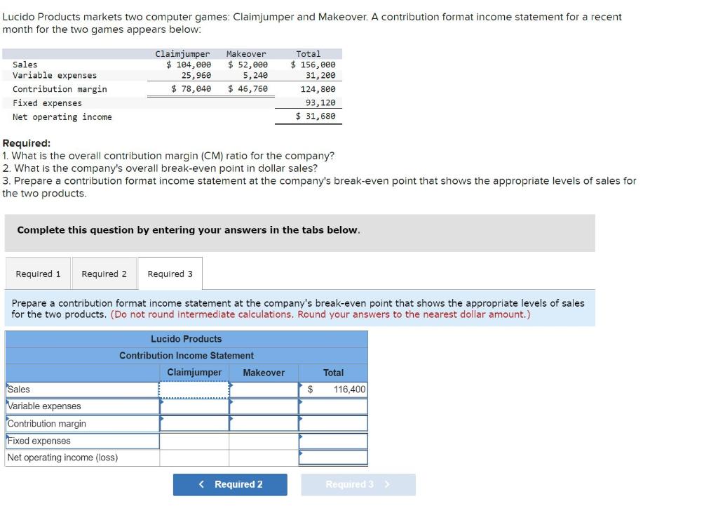 Lucido Products Markets Two Computer Games Claimjumper And Makeover A Contribution Format Income Statement For A Recen 1