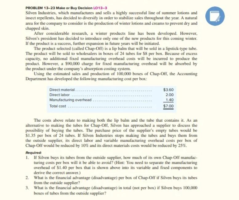 Problem 13 23 Make Or Buy Decision Lo13 3 Silven Industries Which Manufactures And Sells A Highly Successful Line Of Su 1