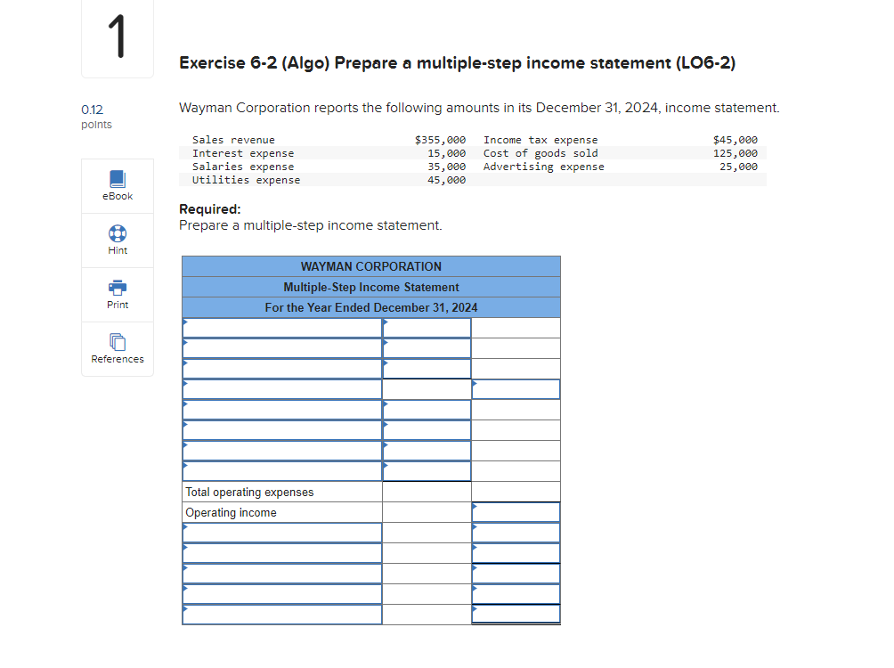 1 Exercise 6 2 Algo Prepare A Multiple Step Income Statement Lo6 2 0 12 Points Wayman Corporation Reports The Follow 1
