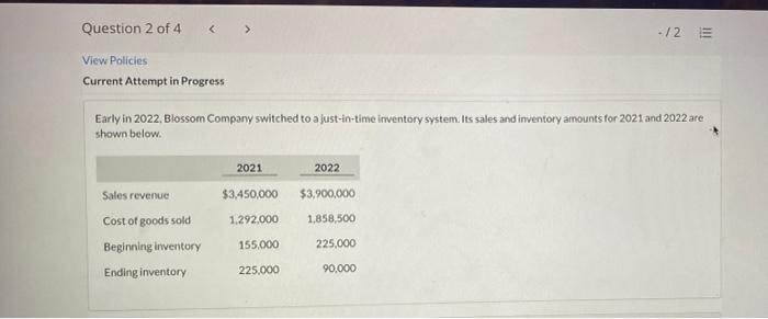 Question 2 Of 4 2 View Policies Current Attempt In Progress Early In 2022 Blossom Company Switched To A Just In Time 1