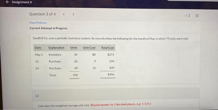 Assignment Ii Question 3 Of 4 2 E View Policies Current Attempt In Progress Sandhill Couses A Periodic Inventory Sys 1