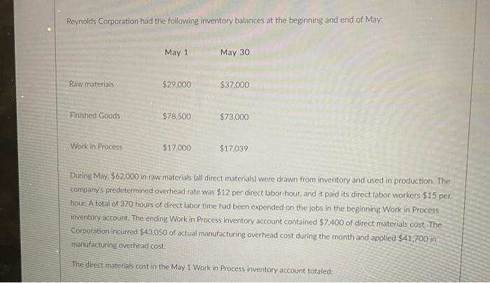 Reynolds Corporation Had The Following Inventory Balances At The Beginning And End Of May May 1 May 30 Raw Materials 2 1