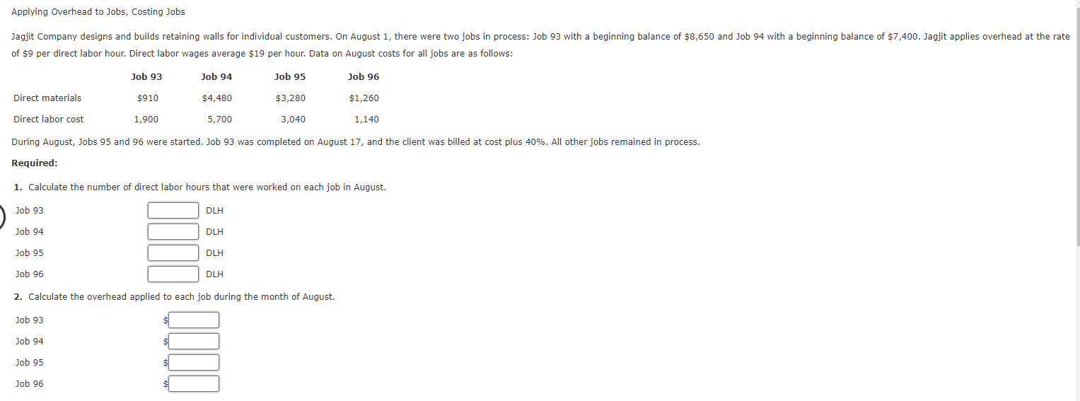Applying Overhead To Jobs Costing Jobs Jagjit Company Designs And Builds Retaining Walls For Individual Customers On A 1