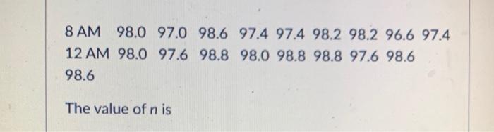 8 Am 98 0 97 0 98 6 97 4 97 4 98 2 98 2 96 6 97 4 12 Am 98 0 97 6 98 8 98 0 98 8 98 8 97 6 98 6 98 6 The Value Of N Is 1