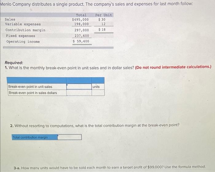 Menlo Company Distributes A Single Product The Company S Sales And Expenses For Last Month Follow Sales Variable Expen 1