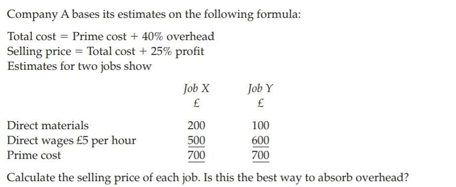 Company A Bases Its Estimates On The Following Formula Total Cost Prime Cost 40 Overhead Selling Price Total Cos 1