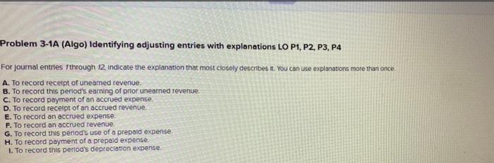 Problem 3 1a Algo Identifying Adjusting Entries With Explanations Lo P1 P2 P3 P4 For Journal Entries 1 Through 12 I 1