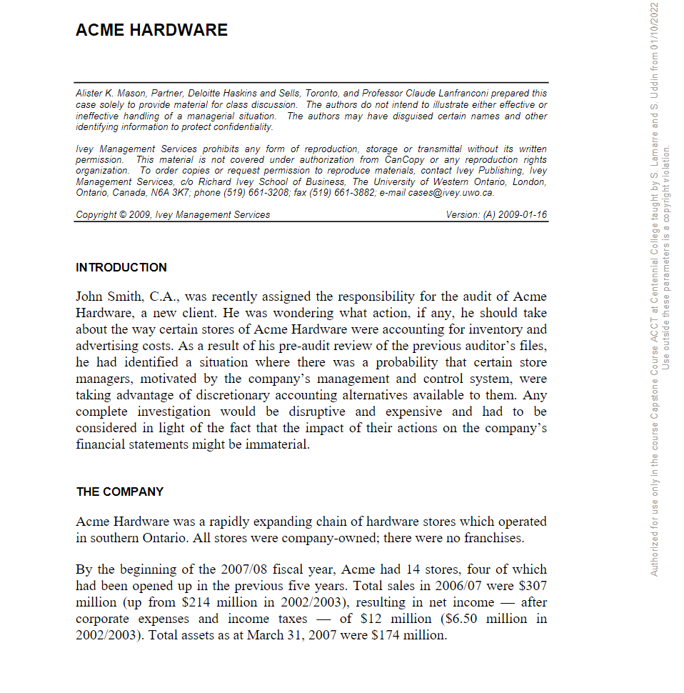 Acme Hardware Alister K Mason Partner Deloitte Haskins And Sells Toronto And Professor Claude Lanfranconi Prepared 1