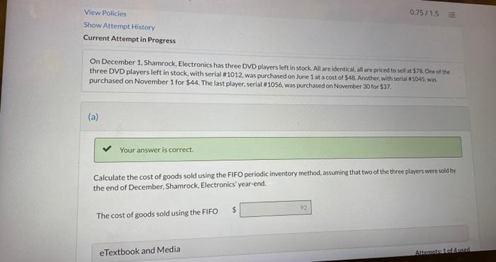 0 75 1 5 View Policies Show Attempt History Current Attempt In Progress On December 1 Shamrock Electronics Has Three D 1