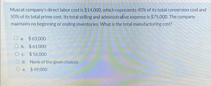 Muscat Company S Direct Labor Cost Is 14 000 Which Represents 40 Of Its Total Conversion Cost And 50 Of Its Total Pr 1