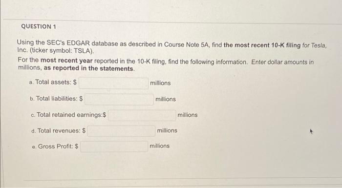 Question 1 Using The Sec S Edgar Database As Described In Course Note 5a Find The Most Recent 10 K Filing For Tesla In 1