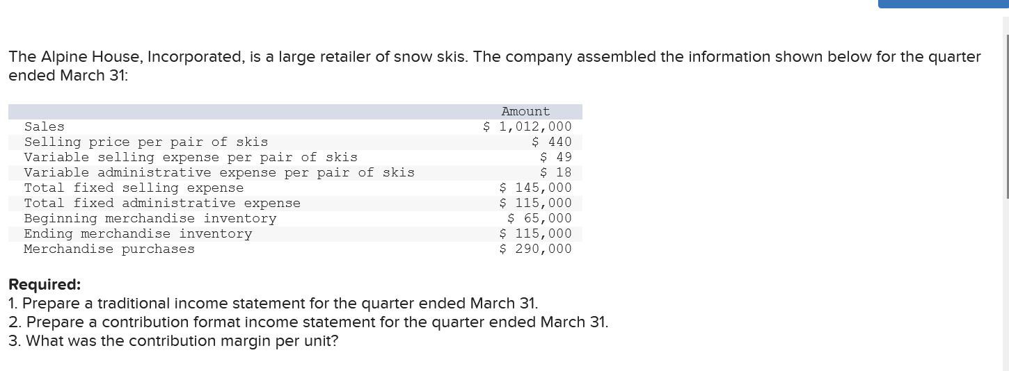 The Alpine House Incorporated Is A Large Retailer Of Snow Skis The Company Assembled The Information Shown Below For 1