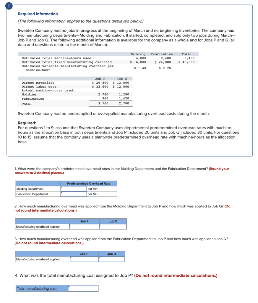 Required Information The Following Information Applies To The Questions Displayed Below Sweeten Company Had No Jobs 1