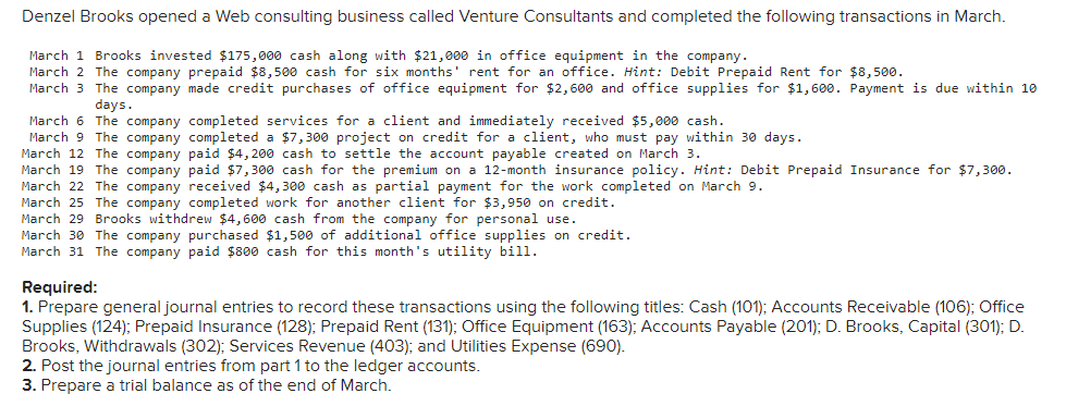 Denzel Brooks Opened A Web Consulting Business Called Venture Consultants And Completed The Following Transactions In Ma 1