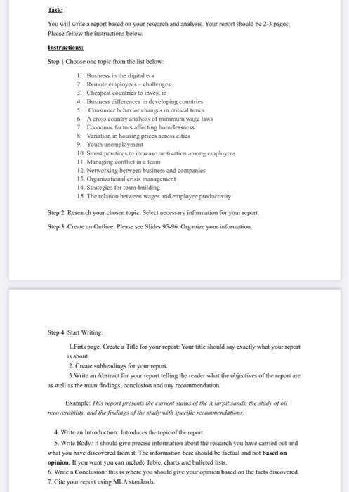 A Task You Will Write A Report Based On Your Research And Analysis Your Repon Should Be 2 3 Pages Please Follow The In 1