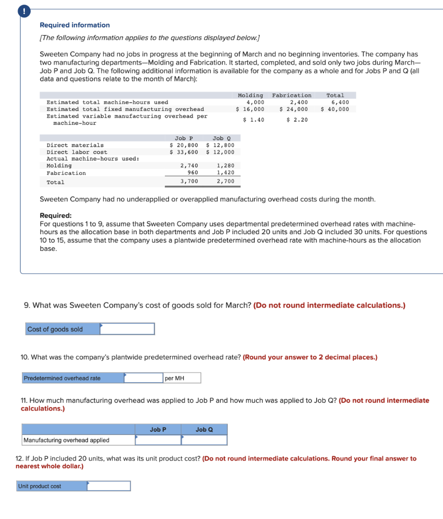 Required Information The Following Information Applies To The Questions Displayed Below Sweeten Company Had No Jobs I 1