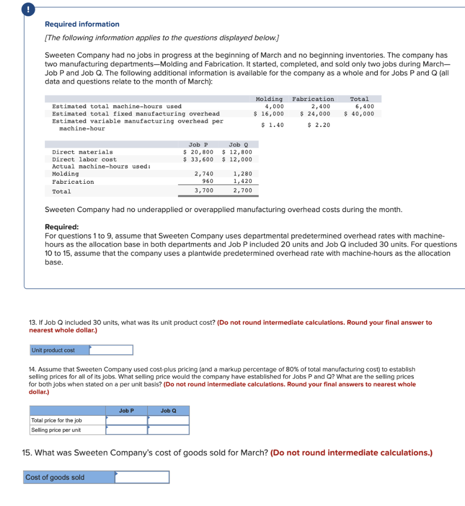 Required Information The Following Information Applies To The Questions Displayed Below Sweeten Company Had No Jobs I 1