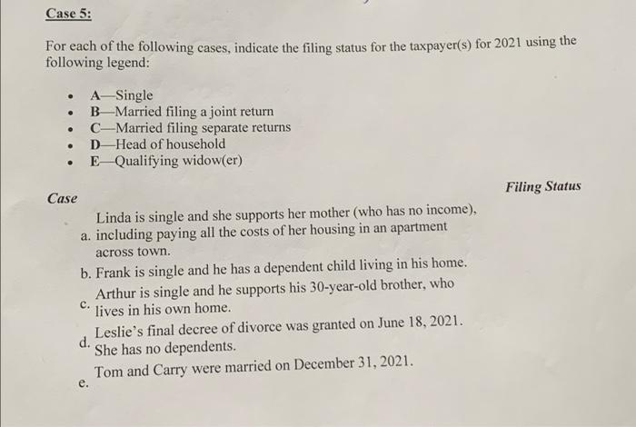 Case 5 For Each Of The Following Cases Indicate The Filing Status For The Taxpayer S For 2021 Using The Following Leg 1