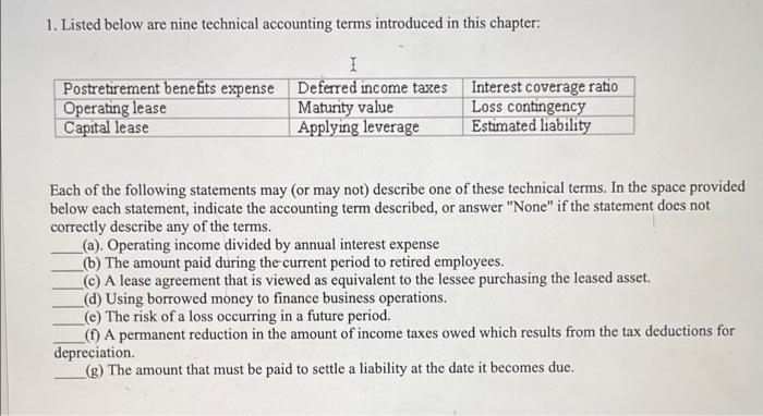 1 Listed Below Are Nine Technical Accounting Terms Introduced In This Chapter 1 Postretirement Benefits Expense Deferr 1