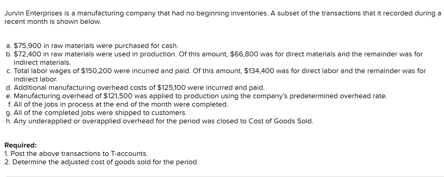 Jurvin Enterprises Is A Manufacturing Company That Had No Beginning Inventories A Subset Of The Transactions That It Re 1