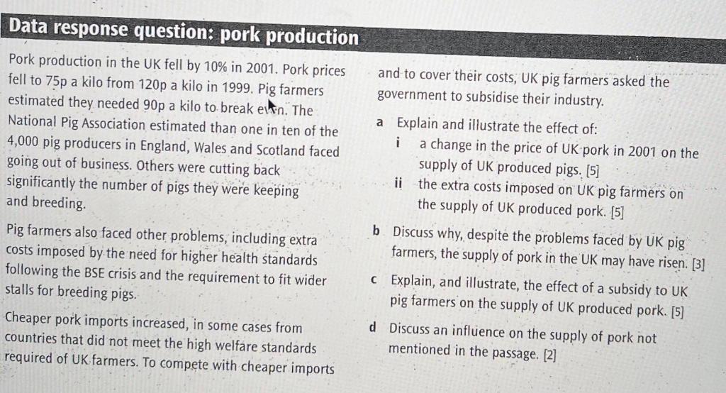 Data Response Question Pork Production Pork Production In The Uk Fell By 10 In 2001 Pork Prices Fell To 75p A Kilo Fr 1