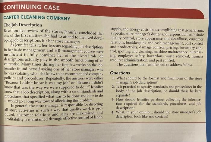 Continuing Case Carter Cleaning Company The Job Description Based On Her Review Of The Stores Jennifer Concluded That O 1