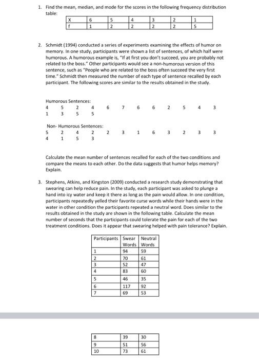 1 Find The Mean Median And Mode For The Scores In The Following Frequency Distribution Table X 6 5 4 3 2 1 1 2 2 2 2 1