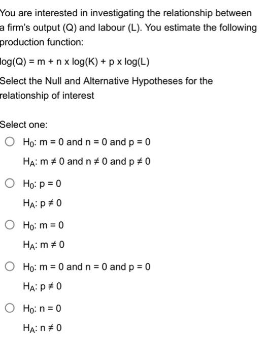 You Are Interested In Investigating The Relationship Between A Firm S Output Q And Labour L You Estimate The Follow 1
