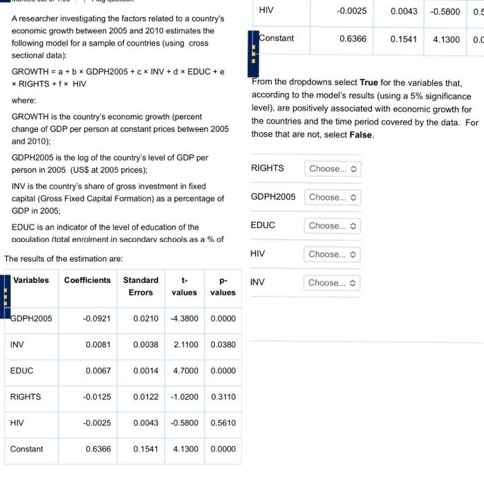 Hiv 0 0025 0 0043 0 5800 0 5 Constant 0 6366 0 1541 4 1300 0 0 From The Dropdowns Select True For The Variables That 1
