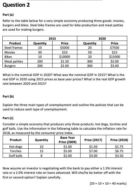 Question 2 Part A Refer To The Table Below For A Very Simple Economy Producing Three Goods Movies Burgers And Bikes 1