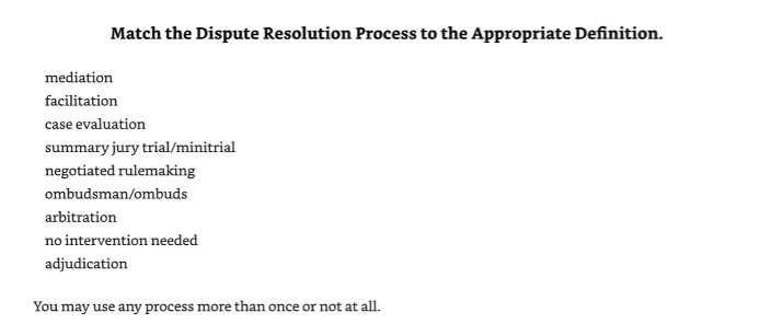 Match The Dispute Resolution Process To The Appropriate Definition Mediation Facilitation Case Evaluation Summary Jury 1
