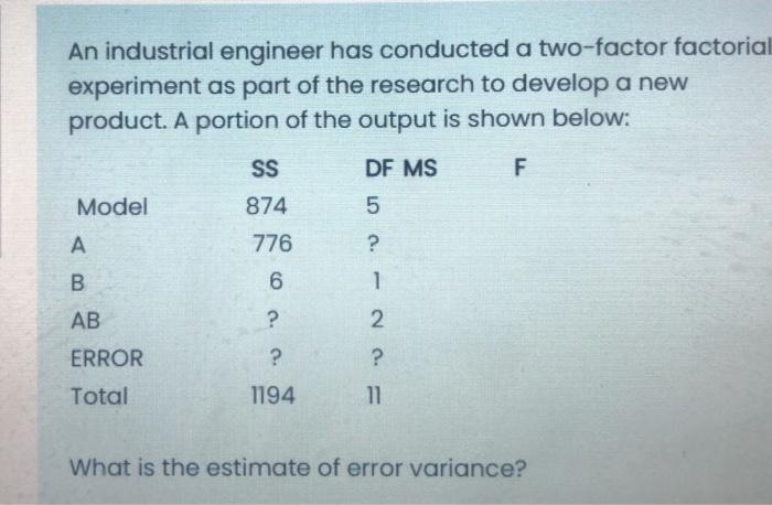 An Industrial Engineer Has Conducted A Two Factor Factorial Experiment As Part Of The Research To Develop A New Product 1