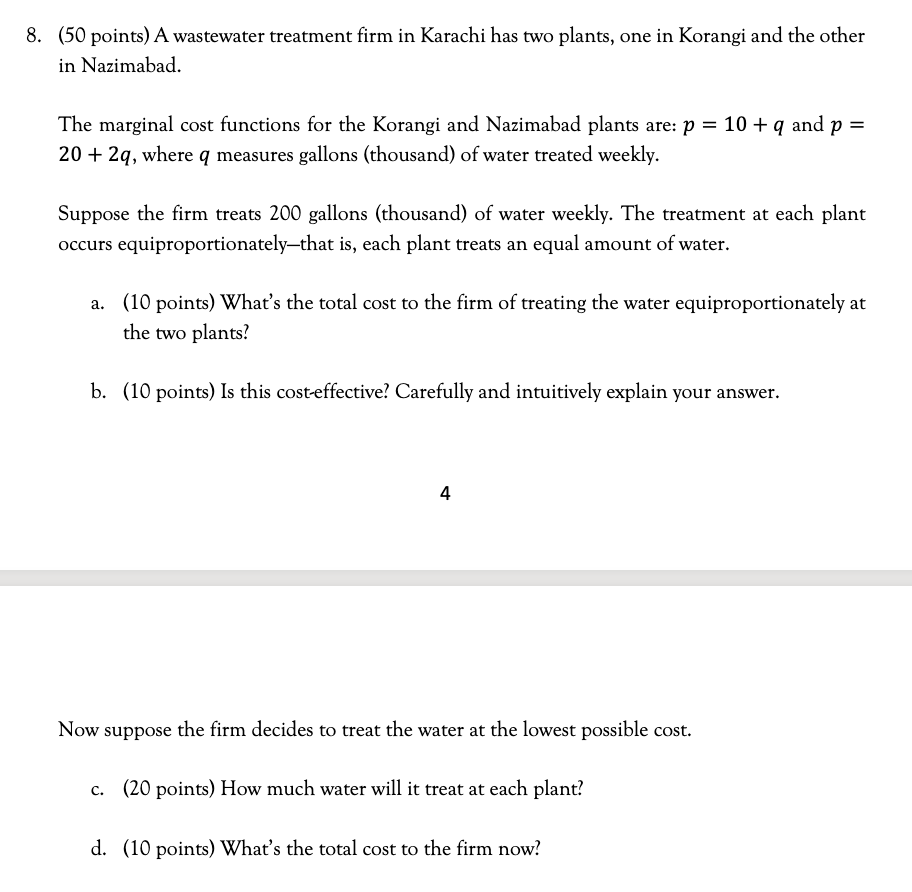 8 50 Points A Wastewater Treatment Firm In Karachi Has Two Plants One In Korangi And The Other In Nazimabad The Mar 1