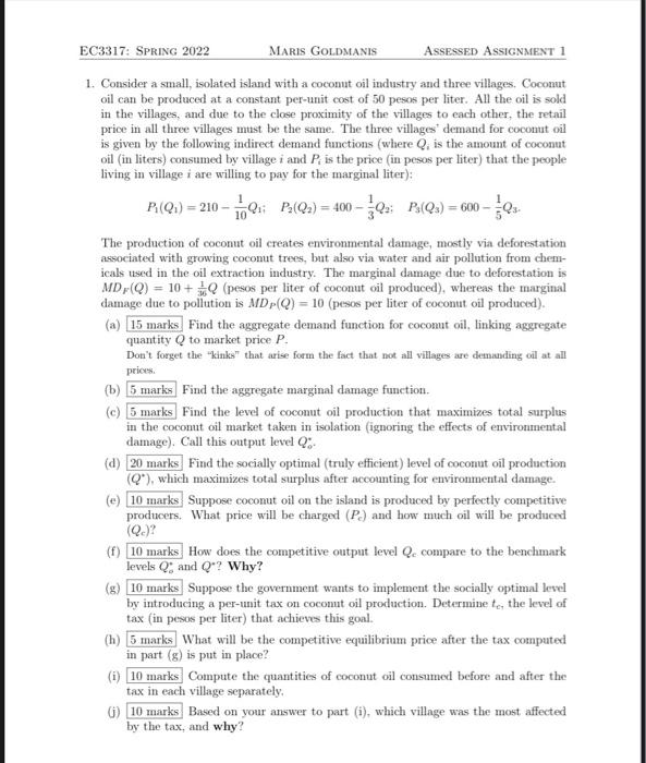 Ec3317 Spring 2022 Maris Goldmanis Assessed Assignment 1 1 Consider A Small Isolated Island With A Coconut Oil Indust 1