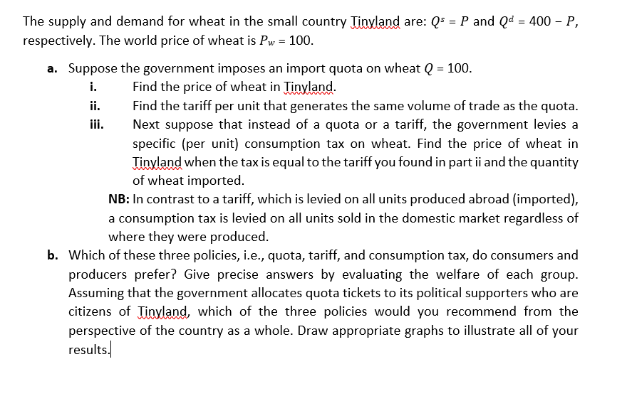 The Supply And Demand For Wheat In The Small Country Tinyland Are Qs P And Qd 400 P Respectively The World 1