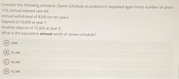 Consider The Following Schedule Same Schedule As Problem 8 Repeated Again Here Number Of Years 10 Annual Interest 1