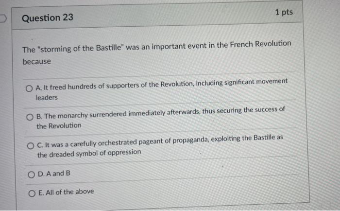 1 Pts Question 23 The Storming Of The Bastille Was An Important Event In The French Revolution Because O A It Freed H 1