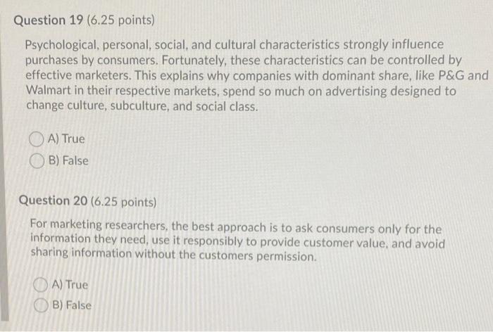 Question 19 6 25 Points Psychological Personal Social And Cultural Characteristics Strongly Influence Purchases By 1