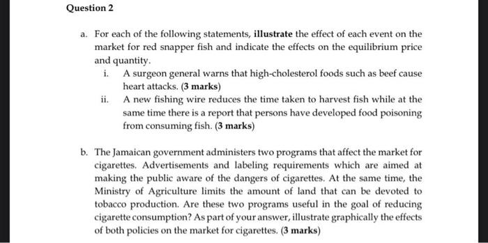 Question 2 A For Each Of The Following Statements Illustrate The Effect Of Each Event On The Market For Red Snapper Fi 1
