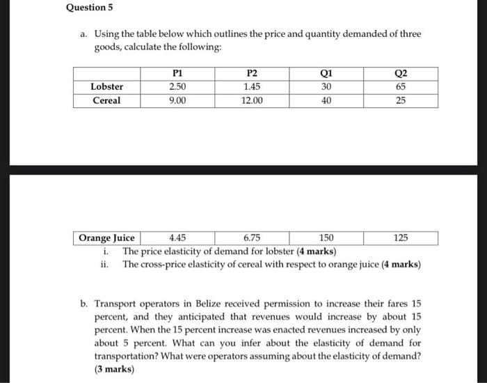Question 5 A Using The Table Below Which Outlines The Price And Quantity Demanded Of Three Goods Calculate The Followi 1