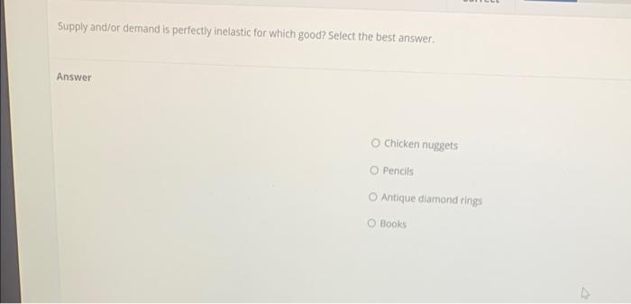 Supply And Or Demand Is Perfectly Inelastic For Which Good Select The Best Answer Answer O Chicken Nuggets Pencils Ant 1