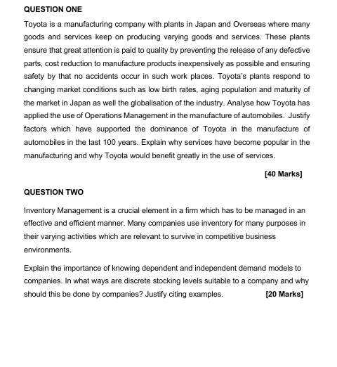A Question One Toyota Is A Manufacturing Company With Plants In Japan And Overseas Where Many Goods And Services Keep On 1