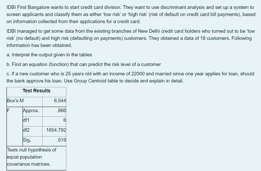 Idbi First Bangalore Wants To Start Credit Card Division They Want To Use Discriminant Analysis And Set Up A System To 1