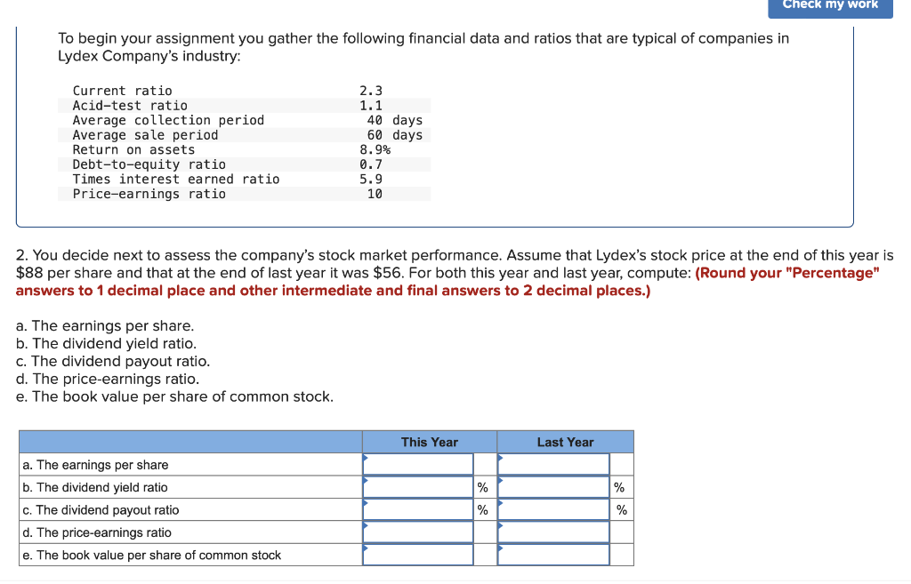 Check My Work To Begin Your Assignment You Gather The Following Financial Data And Ratios That Are Typical Of Companies 1