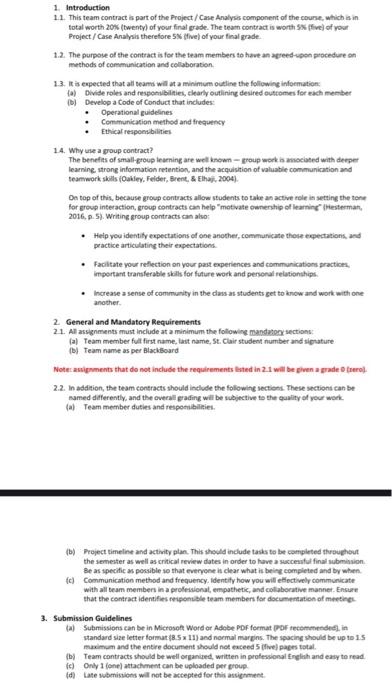 1 Introduction 11 This Team Contract Is Part Of The Project Case Analysis Component Of The Course Which Is In Total W 1