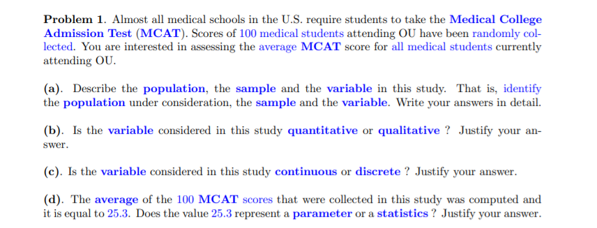 Problem 1 Almost All Medical Schools In The U S Require Students To Take The Medical College Admission Test Mcat Sc 1