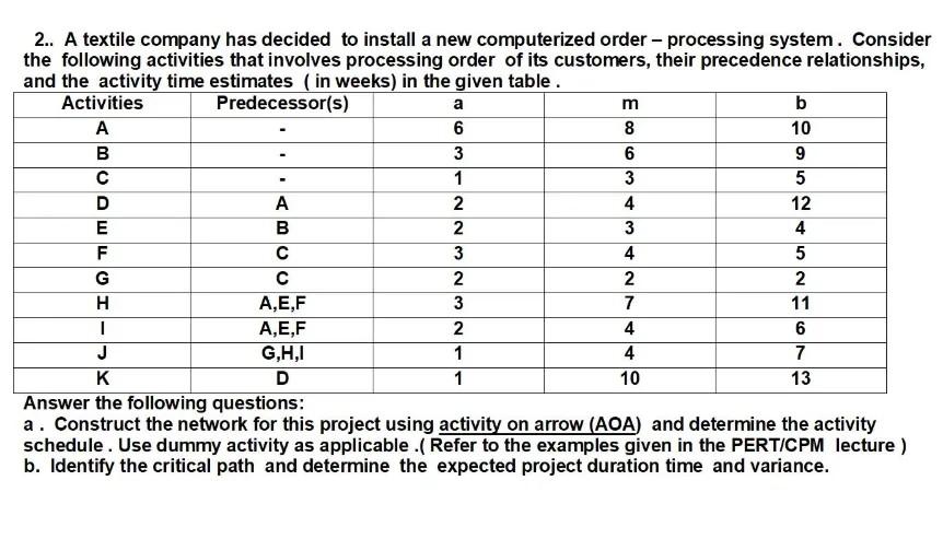 10 2 A Textile Company Has Decided To Install A New Computerized Order Processing System Consider The Following Act 1