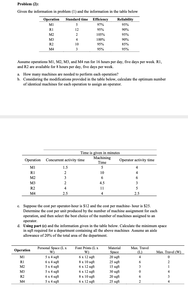 Problem 2 Given The Information In Problem 1 And The Information In The Table Below Operation Standard Time Efficie 1