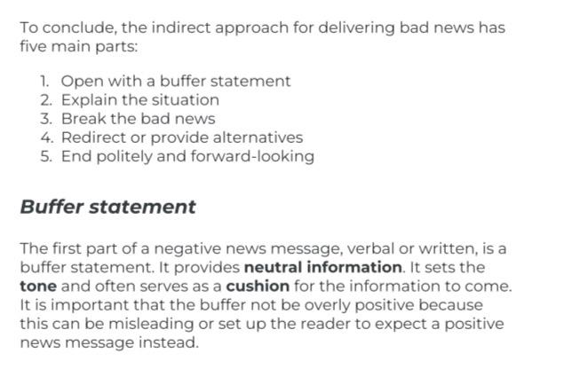 To Conclude The Indirect Approach For Delivering Bad News Has Five Main Parts 1 Open With A Buffer Statement 2 Expla 1
